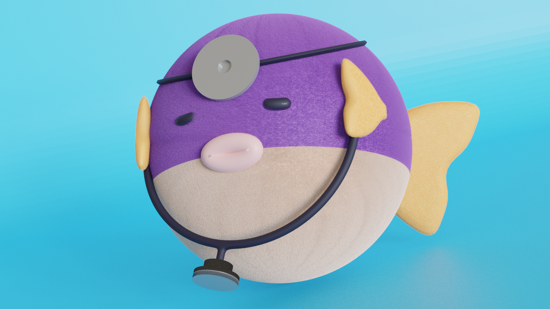 3D model of a round fish in a doctor's outfit.
