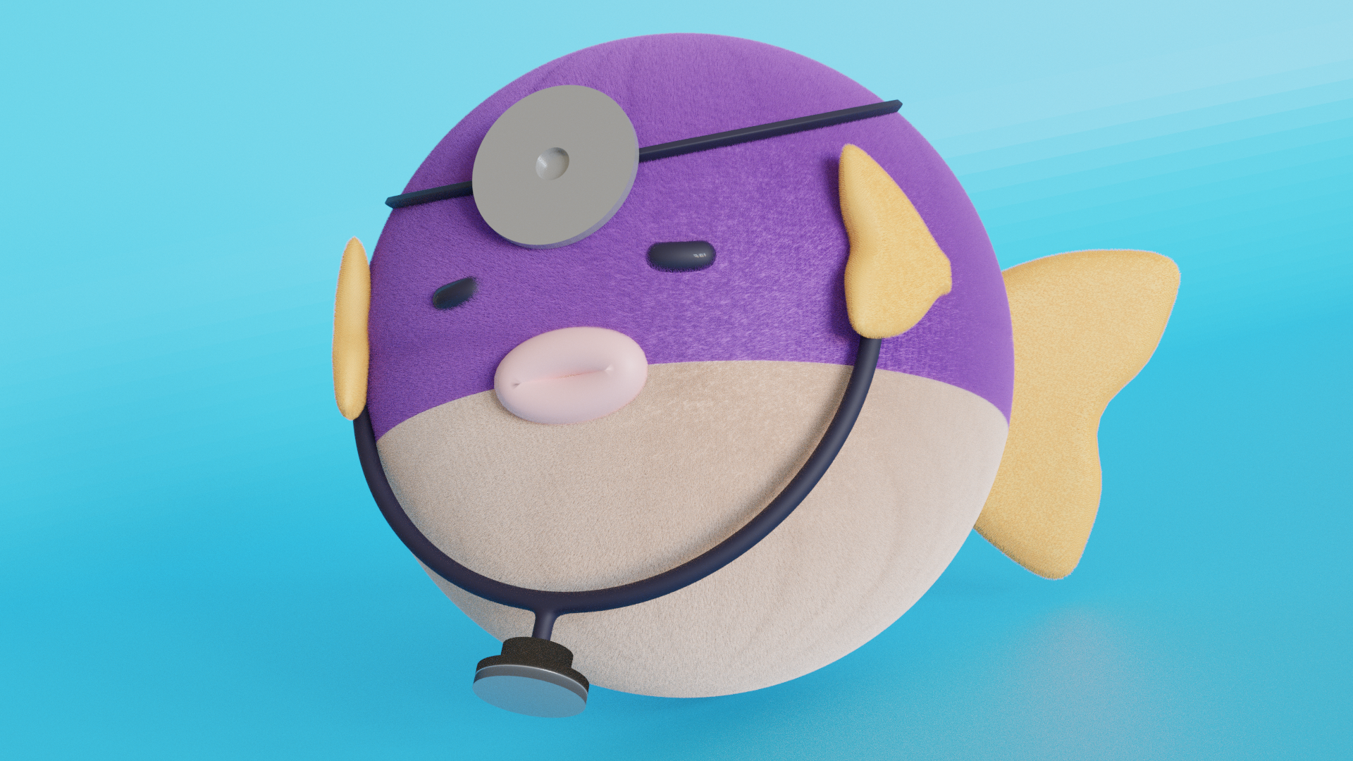 A model of a plushie Dohachan from 'We Never Learn,' a round pufferfish wearing a stethoscope and doctor's headlamp.