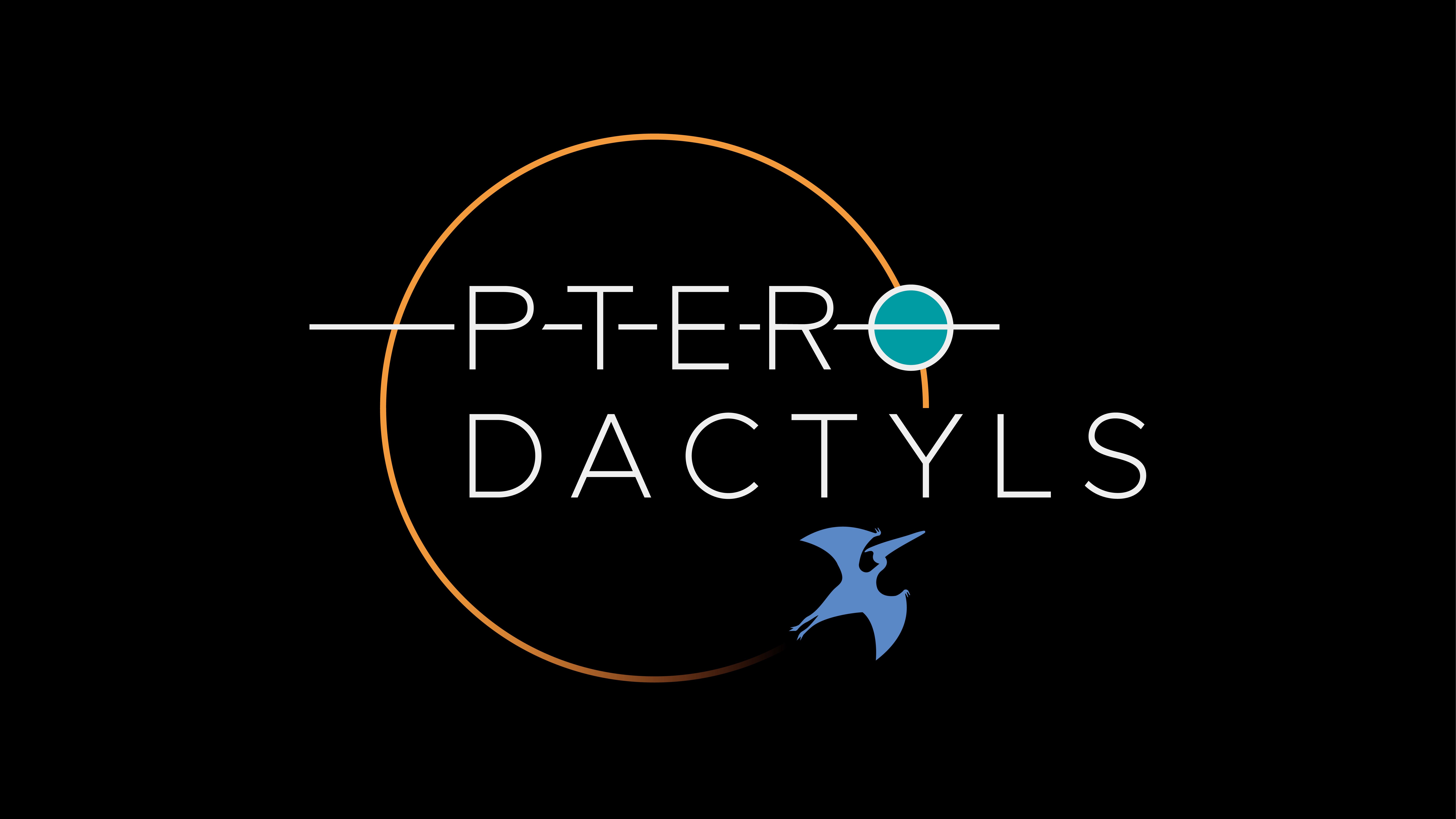 A logo for a Python package named 'pterodactyls,' with a horizontal bar going through the 'o' to represent a transit chord. The letters are set inside a larger orange circle representing a star, with a cartoon pterodactyl flying across it.